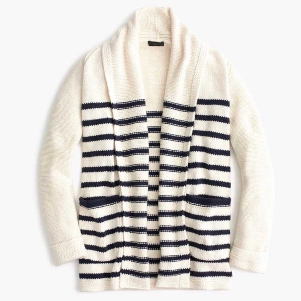 J. Crew Long Open Cardigan Sweater Navy Stripe Cotton Wool Blend Sz XS - Picture 11 of 12